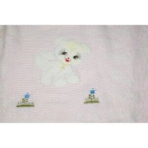 Vtg Pink Baby Blanket  Puppy Fringe Edge  1950's 60's Embroidered flowers